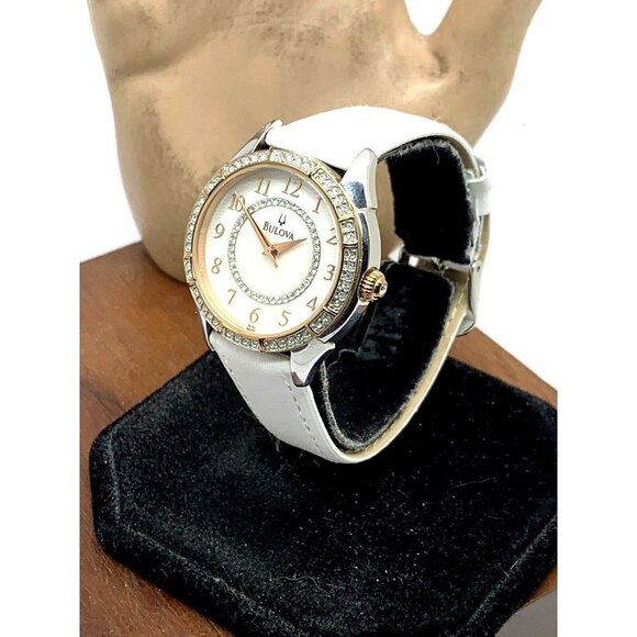 Bulova Women\'s Watch 98L182 Quartz Mother of Pearl Dial Gemmed White Lea… main image 13